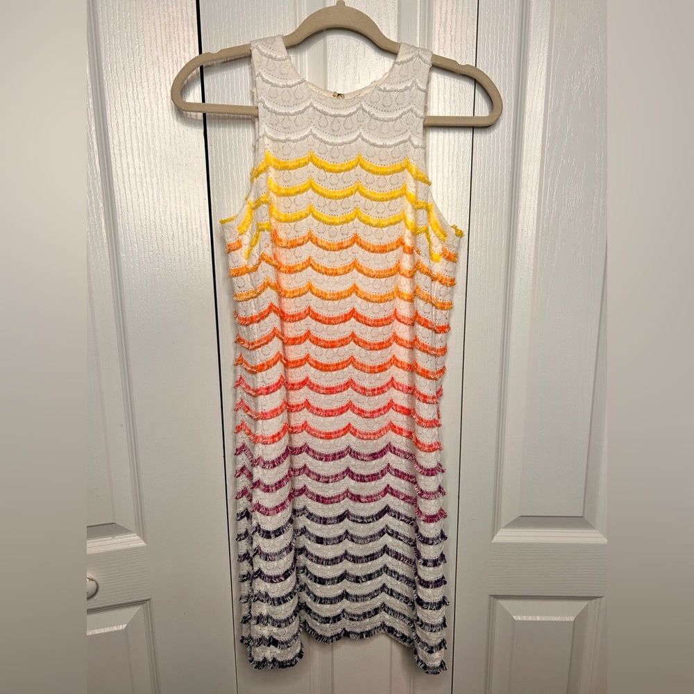Trina Turk Macee Multicolor Fringe Striped Sleeveless Keyhole Shift Dress Size 2